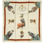 HERMES "Fauconnerie, Royal dŽduit" twill carrŽ scarf 90 cm twill silk carrŽ scarf, beige ground with