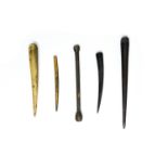 Lot of four fid spikes and a nautical baton 19TH CENTURY WORK Ebony and ivory, weighted knot baton.