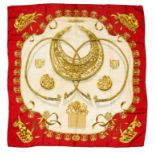 HERMES "Les cavaliers d'or" twill carrŽ scarf 90 cm twill silk carrŽ scarf, beige ground with red-