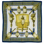HERMES "Feux de route" twill carrŽ scarf 90 cm twill silk carrŽ scarf, white ground with navy blue