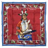 HERMES "Pani la Shar Pawnee" twill carrŽ scarf 90 cm twill silk carrŽ scarf, red ground with blue