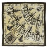 HERMES "Cliquetis" twill carrŽ scarf 90 cm twill silk carrŽ scarf, beige ground with brown border,