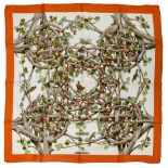 HERMES "Sous - bois" twill carrŽ scarf 90 cm twill silk carrŽ scarf, beige ground with orange