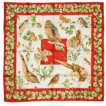 HERMES "La vie au grand air" twill carrŽ scarf 90 cm twill silk carrŽ scarf, beige ground with red
