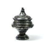 FAVIER (19th century) Covered pot silver with stylized floral dŽcor and swan-shaped handle.