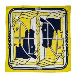 HERMES "Quadrige" twill carrŽ scarf 90 cm twill silk carrŽ scarf, yellow ground with blue border,
