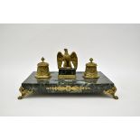 Large Empire-style inkwell Sea-green marble and gilt bronze, glass cups (one cracked) H : 7 cm Width