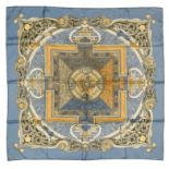 HERMES "Animaux solaires" twill carrŽ scarf Twill carrŽ scarf, beige and grey ground with steel blue