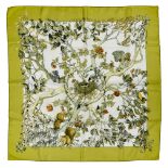 HERMES "Au coeur des bois" twill carrŽ scarf 90 cm twill silk carrŽ scarf, white ground with olive-