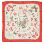 HERMES "Farandole" twill carrŽ scarf 90 cm twill silk carrŽ scarf, beige ground with pink border,