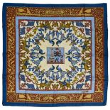 HERMES "Early America" twill carrŽ scarf 90 cm twill silk carrŽ scarf, beige ground with blue-grey