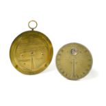 Lot composed of a pocket sundial and a travel barometer GREAT BRITAIN Gilt metal. The sundial's deck