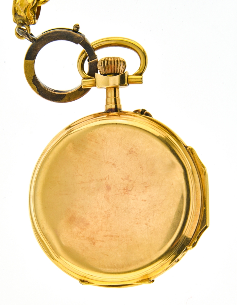 Breguet spiral fob watch and chain 18 kt gold pocket watch. Porcelain dial with Roman numerals and - Image 2 of 5