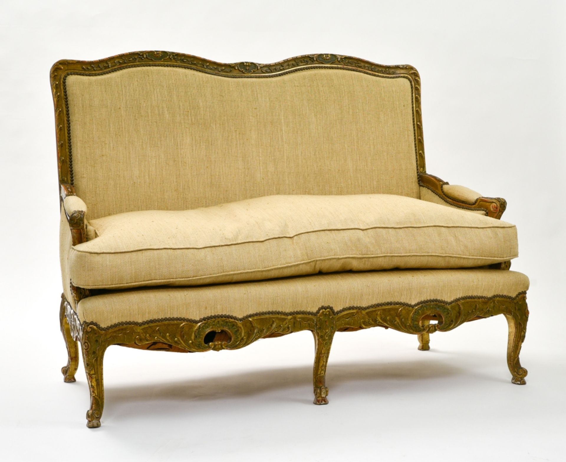 Bench LOUIS XVI-STYLE WORK carved giltwood, upholstered in unbleached fabric H : 107 cm Width :