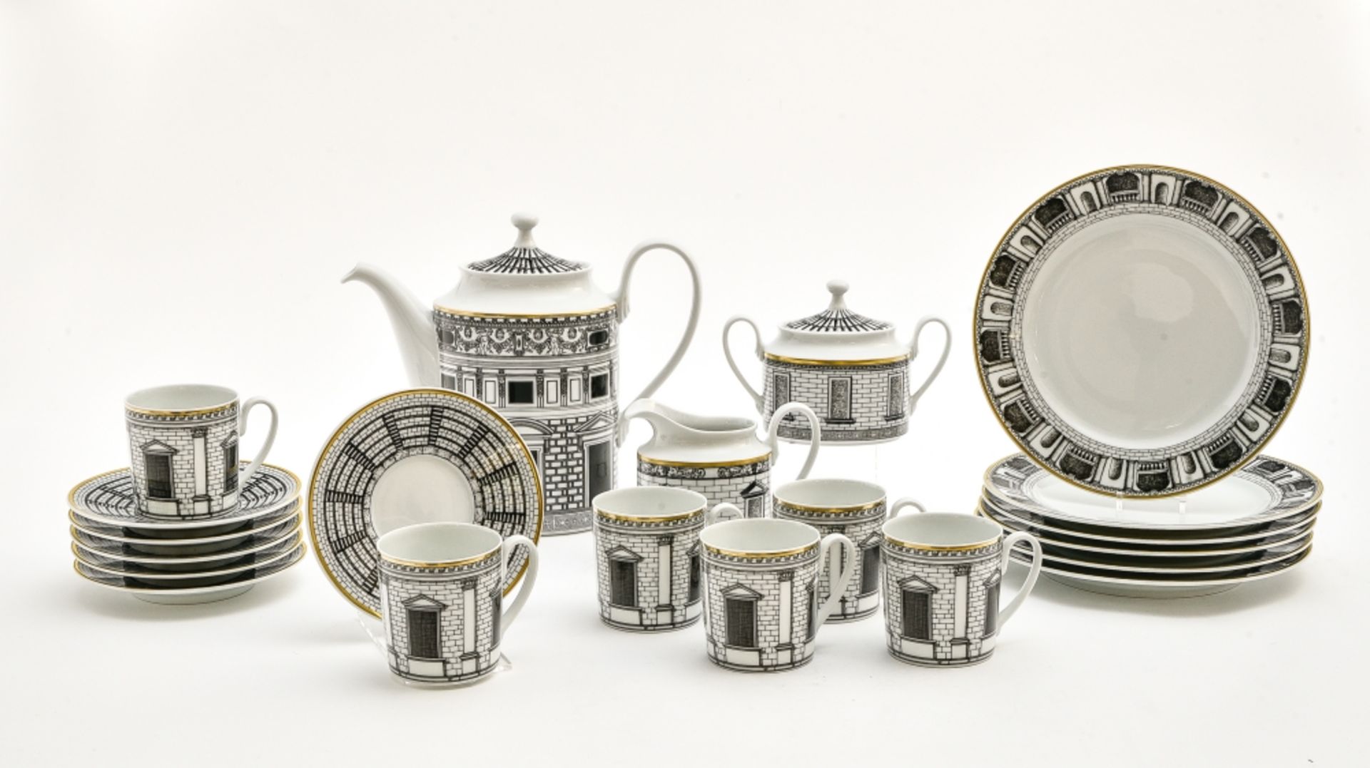 Piero FORNASETTI (1913-1988) & Rosenthal Part of a Palladiana service composed of a coffee pot, a
