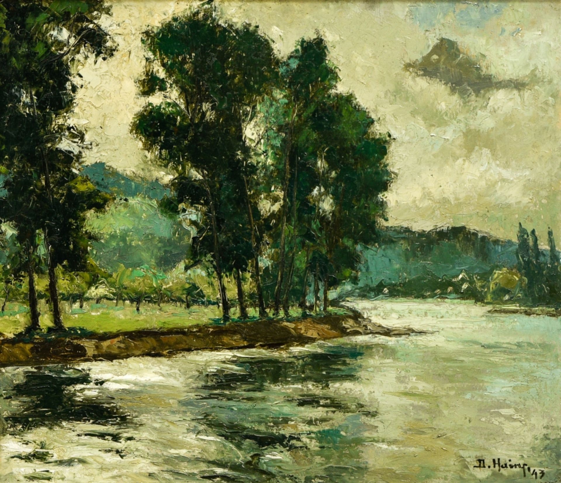 DŽsirŽ HAINE (1900-1989) Banks of the Sambre, 1943 oil on panel, signed and dated at lower right