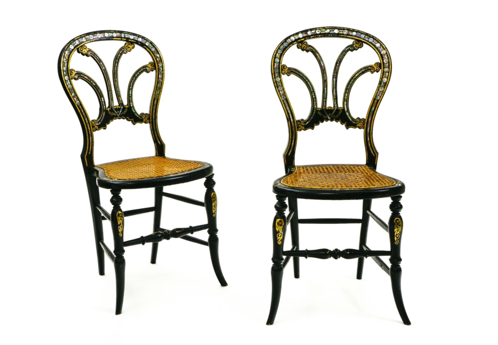 Pair of chairs NAPOLEON III-STYLE WORK black and gold lacquered wood, inlaid with mother-of-pearl