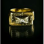Tank ring 9 kt yellow and white gold, set with rose-cut diamonds. Ring size: 53. Hallmark: A4 in a