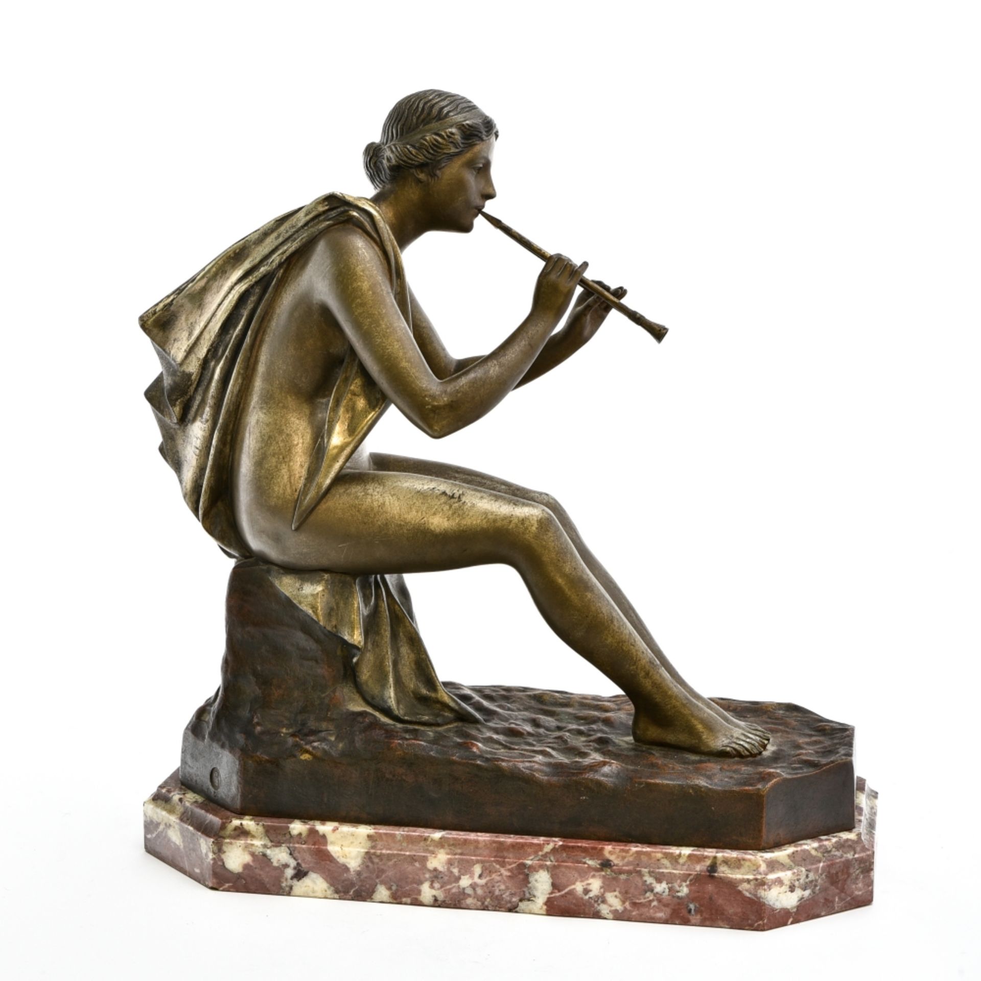 Gustavo OBIOLS DELGADO (1858-1910) Aulos player bronze sculpture with brown and silver patinas, pink - Image 2 of 4