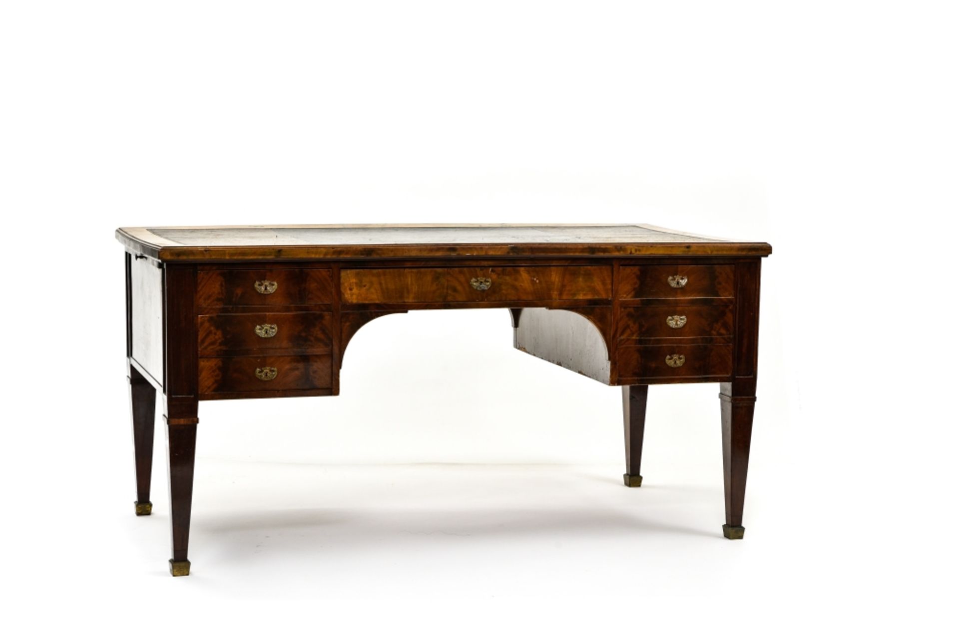 Large empire desk 19TH CENTURY WORK mahogany, with six drawers (one hidden) and brown and gilt