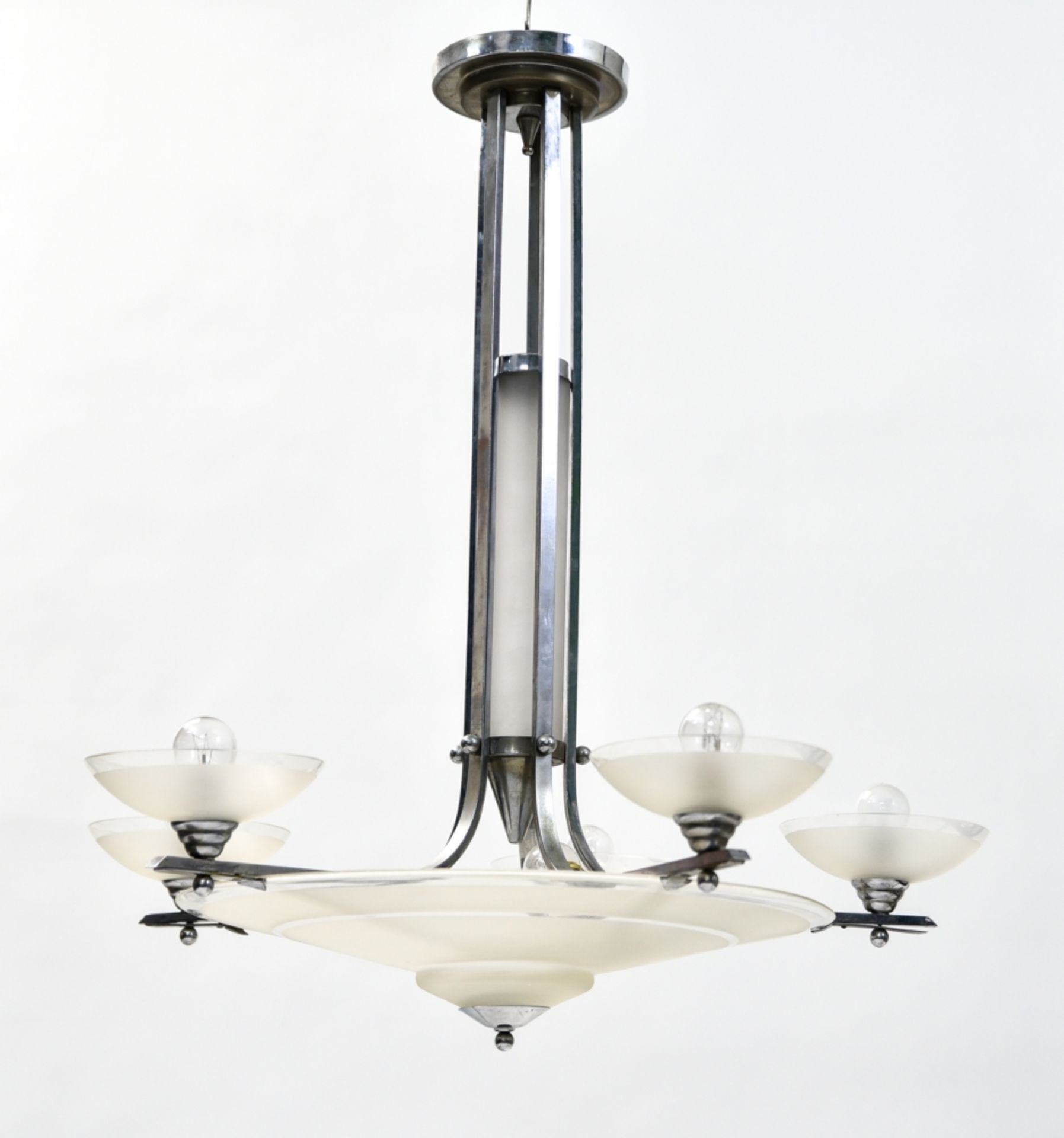 Chandelier with five arms ART DECO WORK glass, sandblasted glass, and chrome-plated metal H : 70 - Image 2 of 2