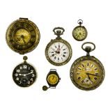 Lot of 6 watches including 4 pocket watches, a travel alarm clock and a wristwatch.
