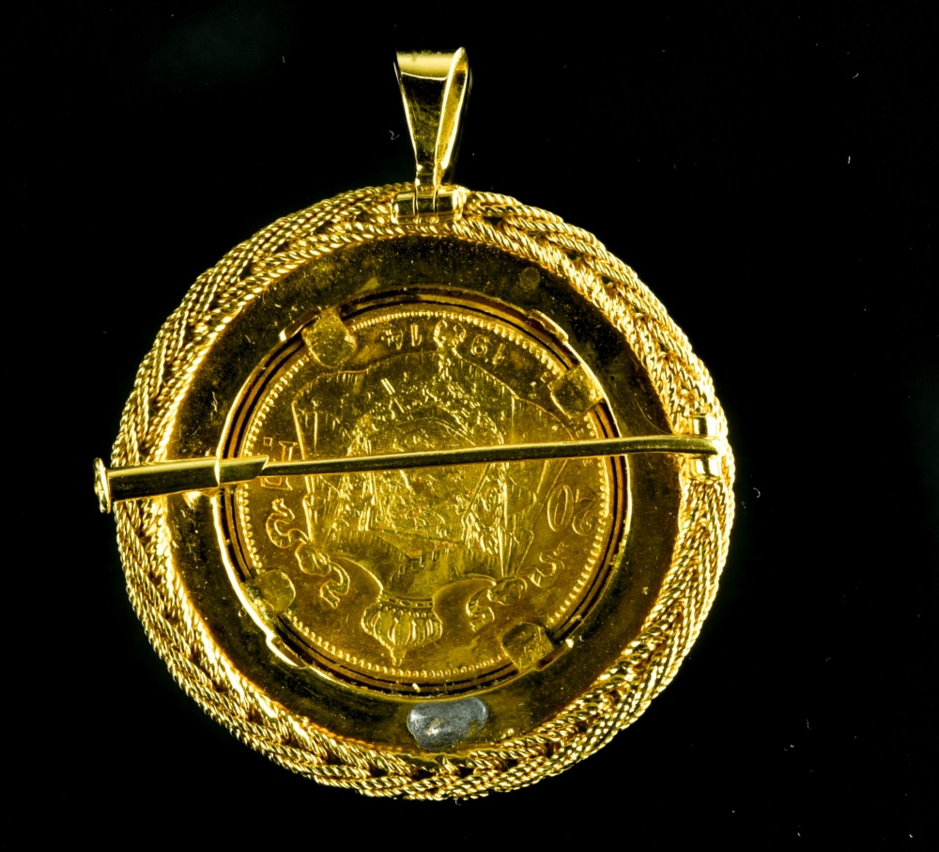 Brooch-pendant set with a coin 18 kt yellow gold, set with a 20-franc coin depicting King Albert - Image 2 of 2