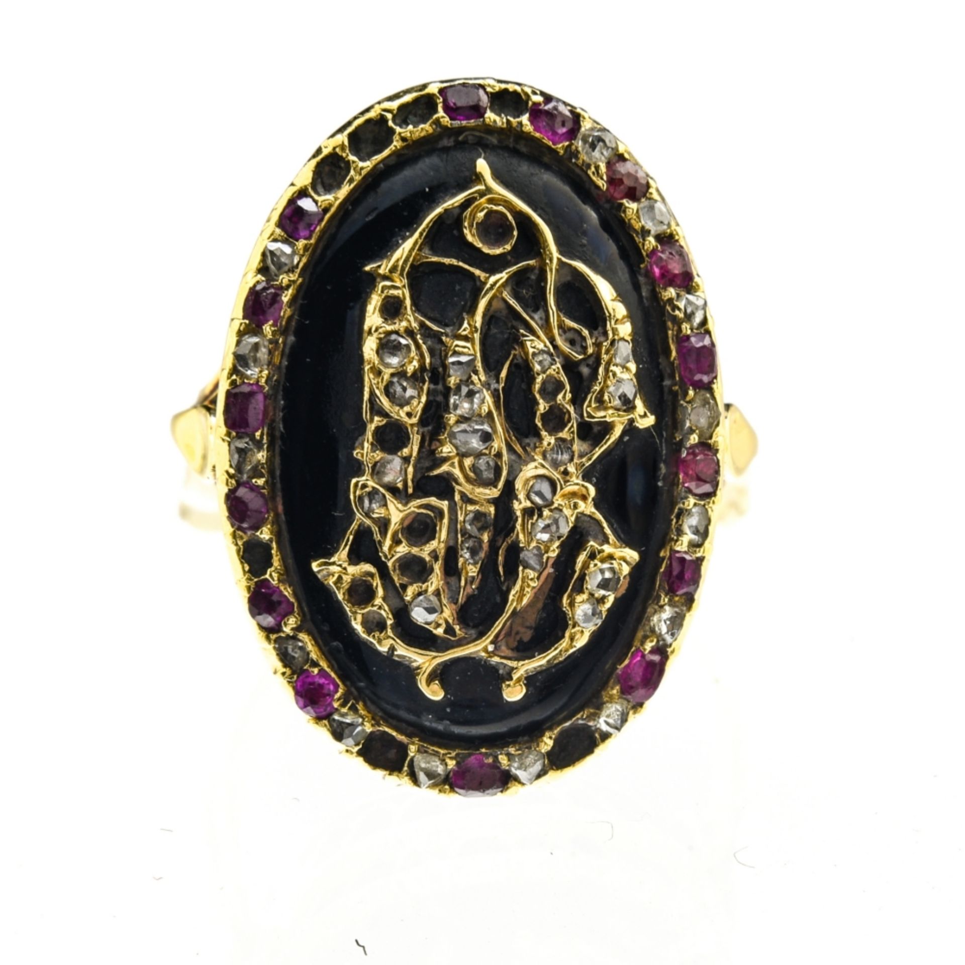 Mourning ring 18 kt yellow gold, set with interspersed rubies and diamonds forming the letters C and