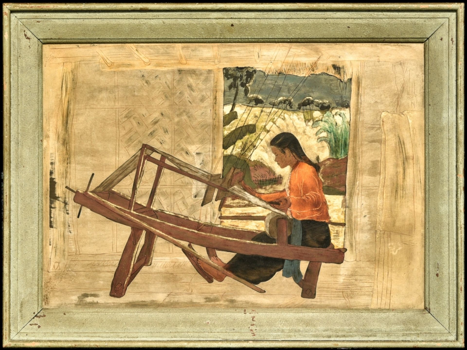 My NGHE (Hanoi, 20th century) Weaver polychrome lacquer and gold on panel, mark on the back framed H