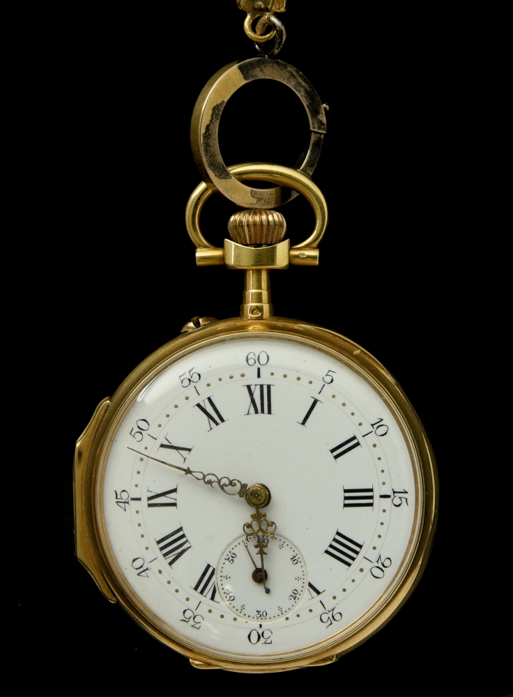 Breguet spiral fob watch and chain 18 kt gold pocket watch. Porcelain dial with Roman numerals and