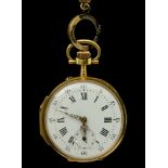Breguet spiral fob watch and chain 18 kt gold pocket watch. Porcelain dial with Roman numerals and