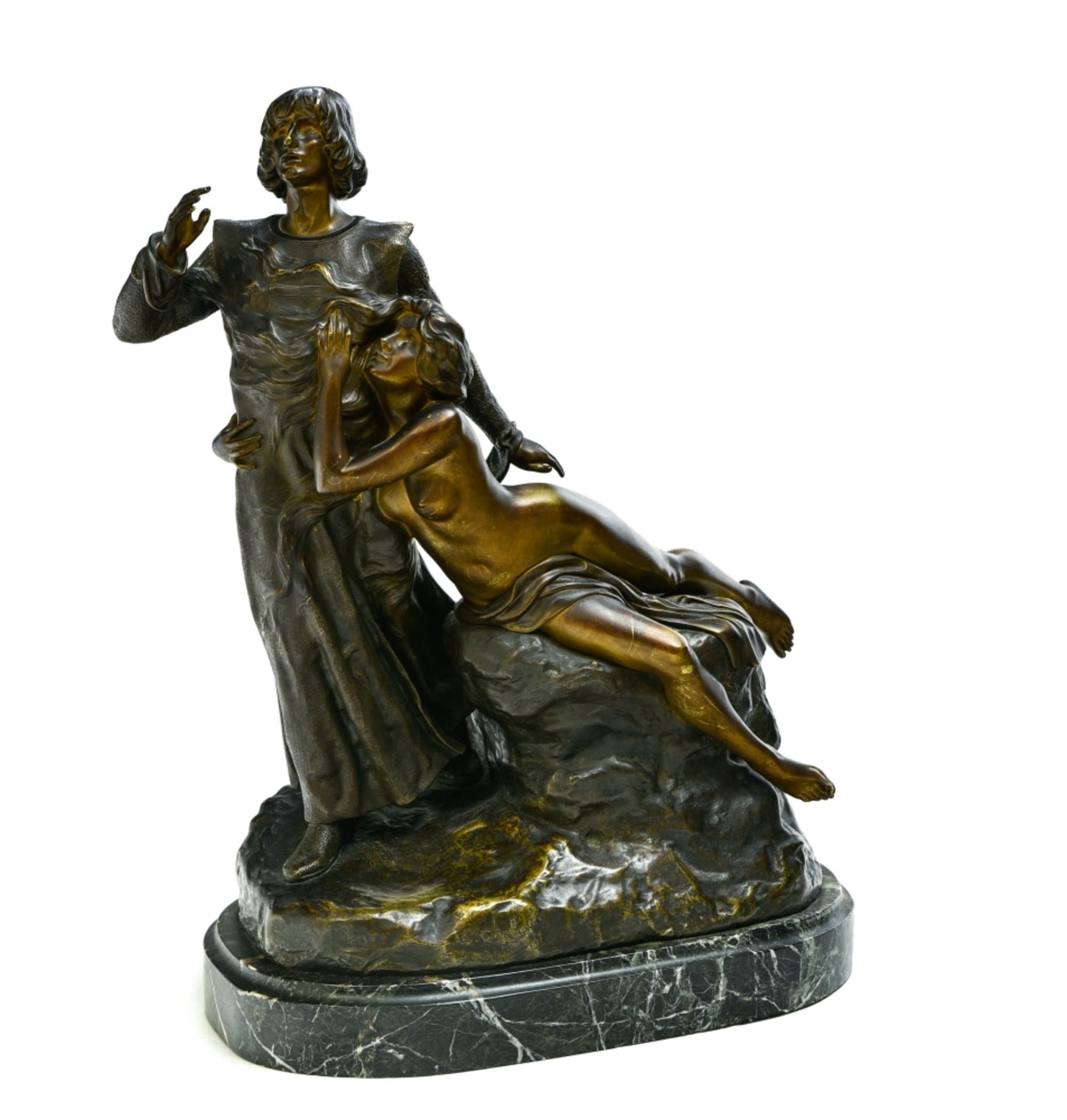 Louis CHALON (1866-1940) TannhŠuser bronze sculpture with shaded brown patina, sea green marble - Image 2 of 5