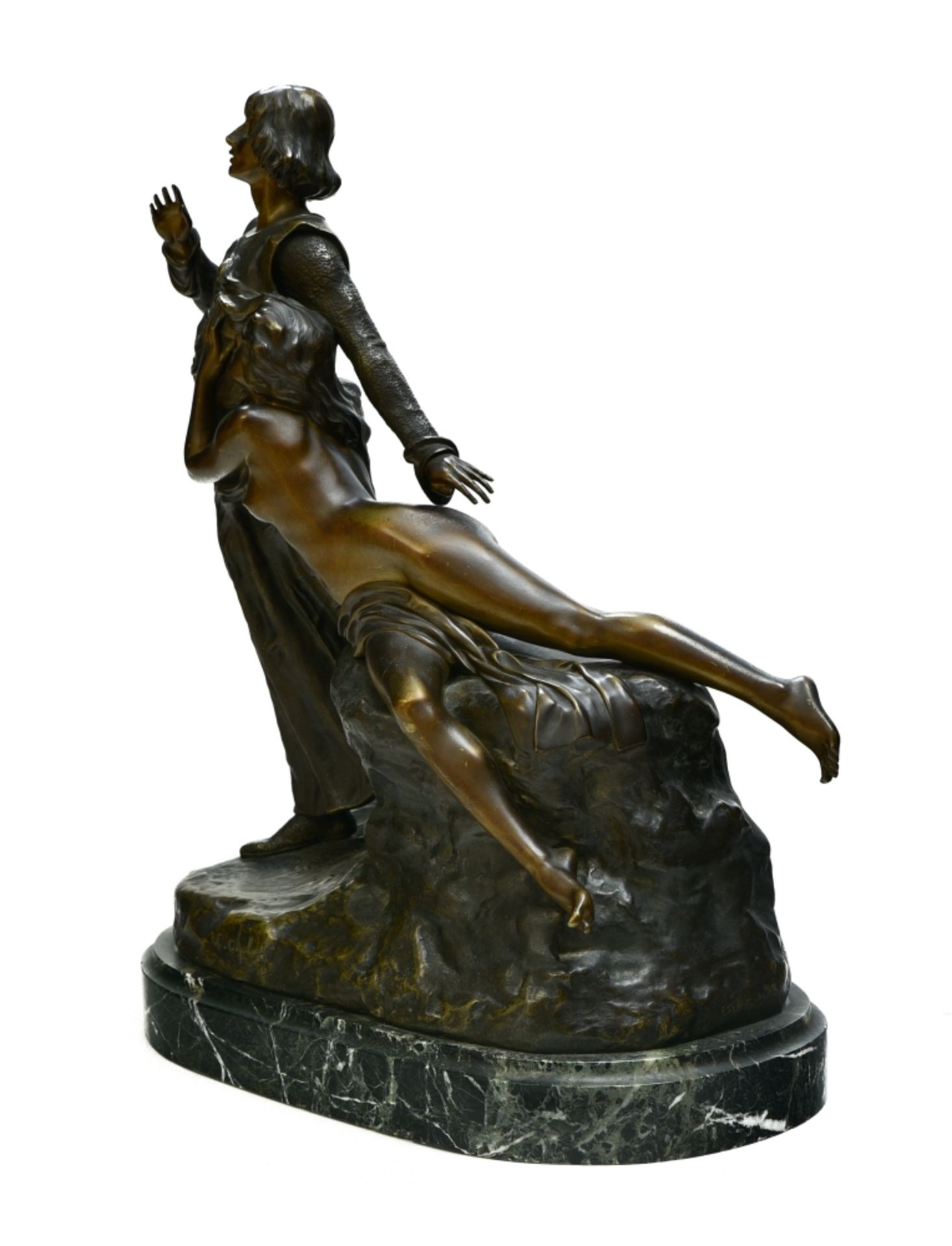 Louis CHALON (1866-1940) TannhŠuser bronze sculpture with shaded brown patina, sea green marble - Image 3 of 5