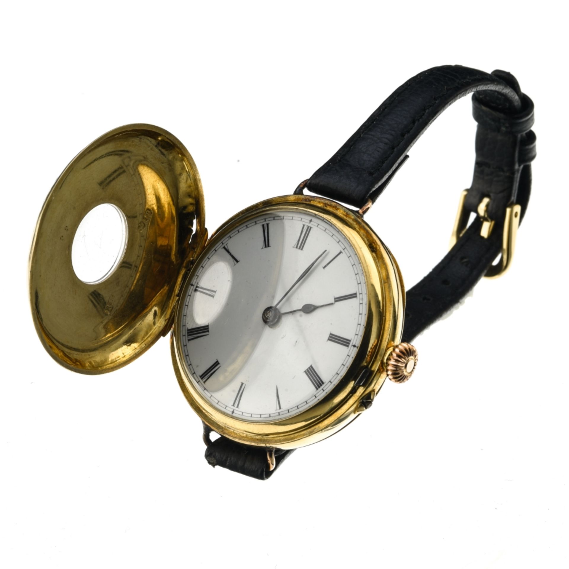 Converted fob watch ENGLAND 18 kt yellow gold, converted into a bracelet watch. Hallmarks: crown, - Image 2 of 3