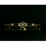 Art Deco brooch 18 kt yellow and white gold, featuring a Grecian frieze set with diamonds in a