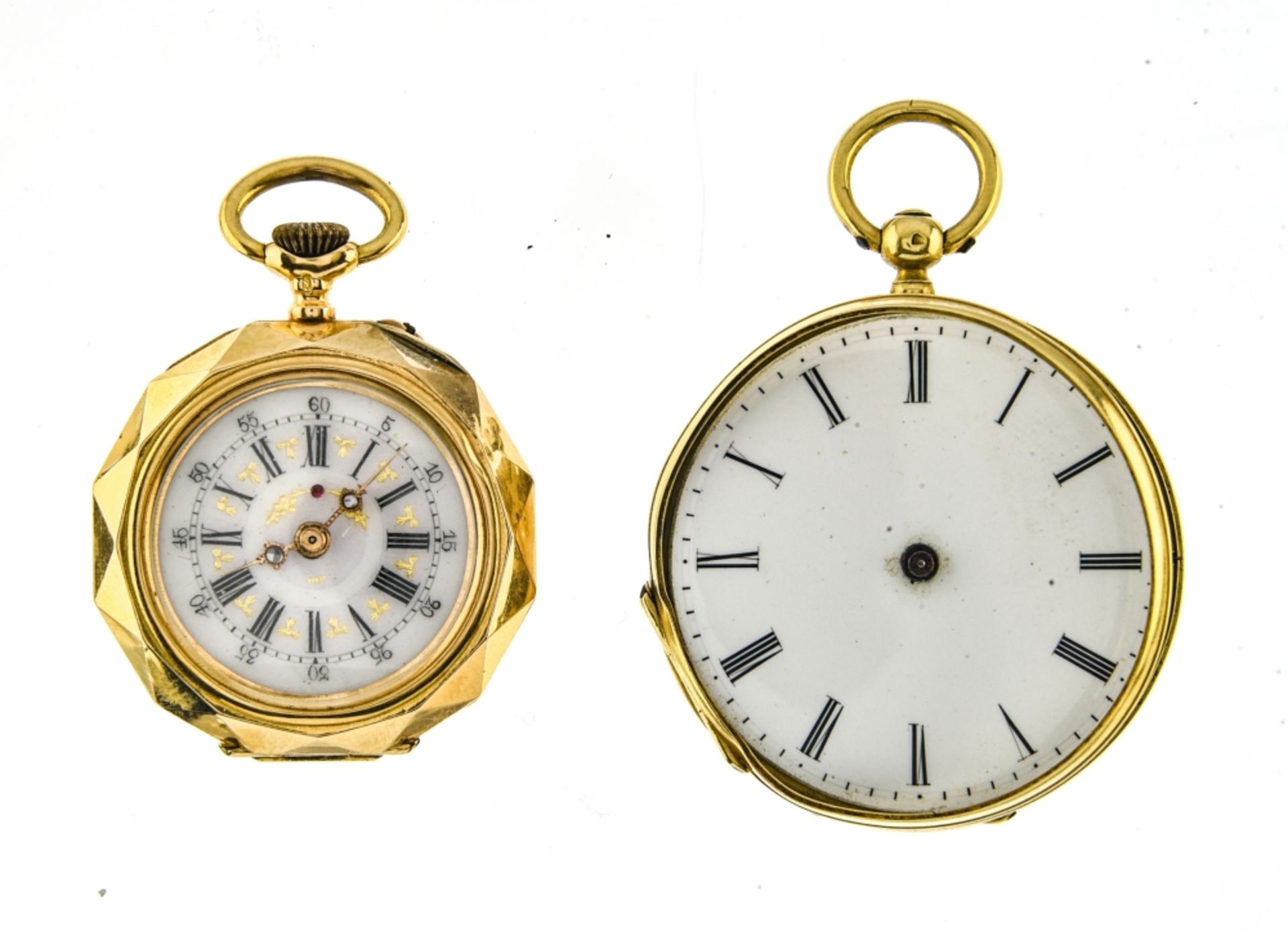 Lot of 3 fob watches 1. 18k gold fob watch Porcelain dial with Roman numerals and external rail - Image 5 of 9