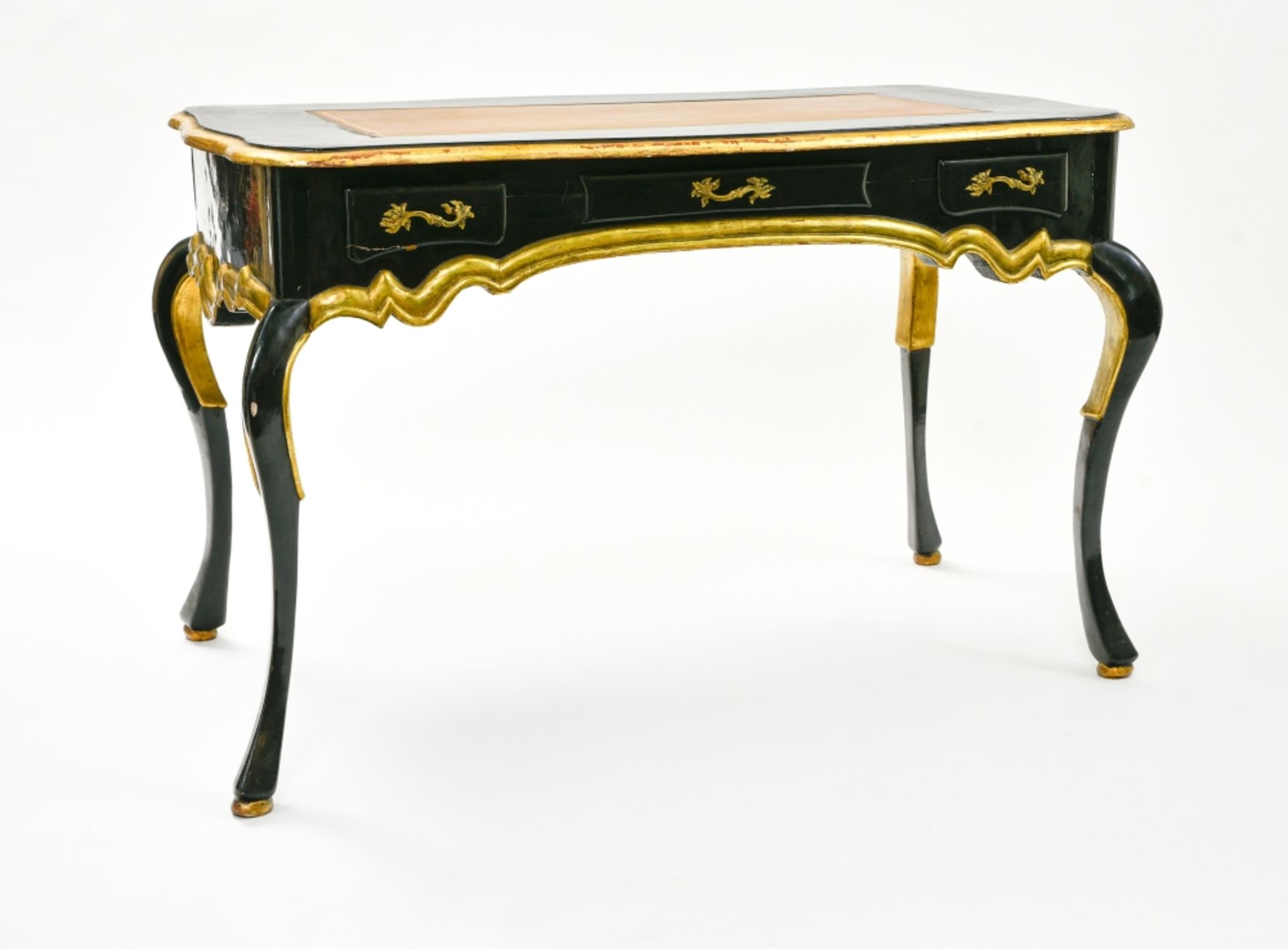 Desk 19TH CENTURY ENGLISH WORK black- and gold-lacquered wood, surface upholstered in brown and gold