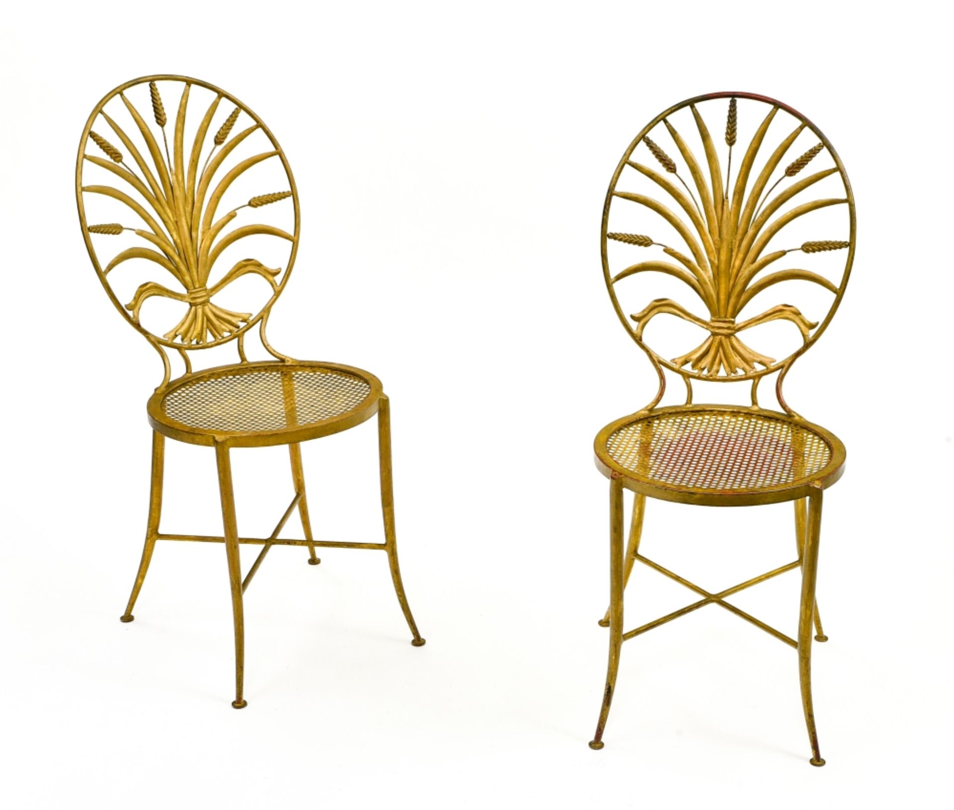 S. SALVADORI (Florence) Pair of Hollywood Regency chairs, ca. 1960 gilt metal, the backs depict - Image 2 of 2