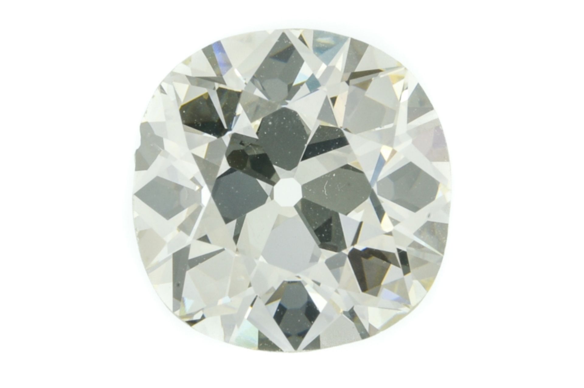 Large cushion-cut diamond 6.45 ct weight, VS1 clarity and colour I, no fluorescence. Polished culet.