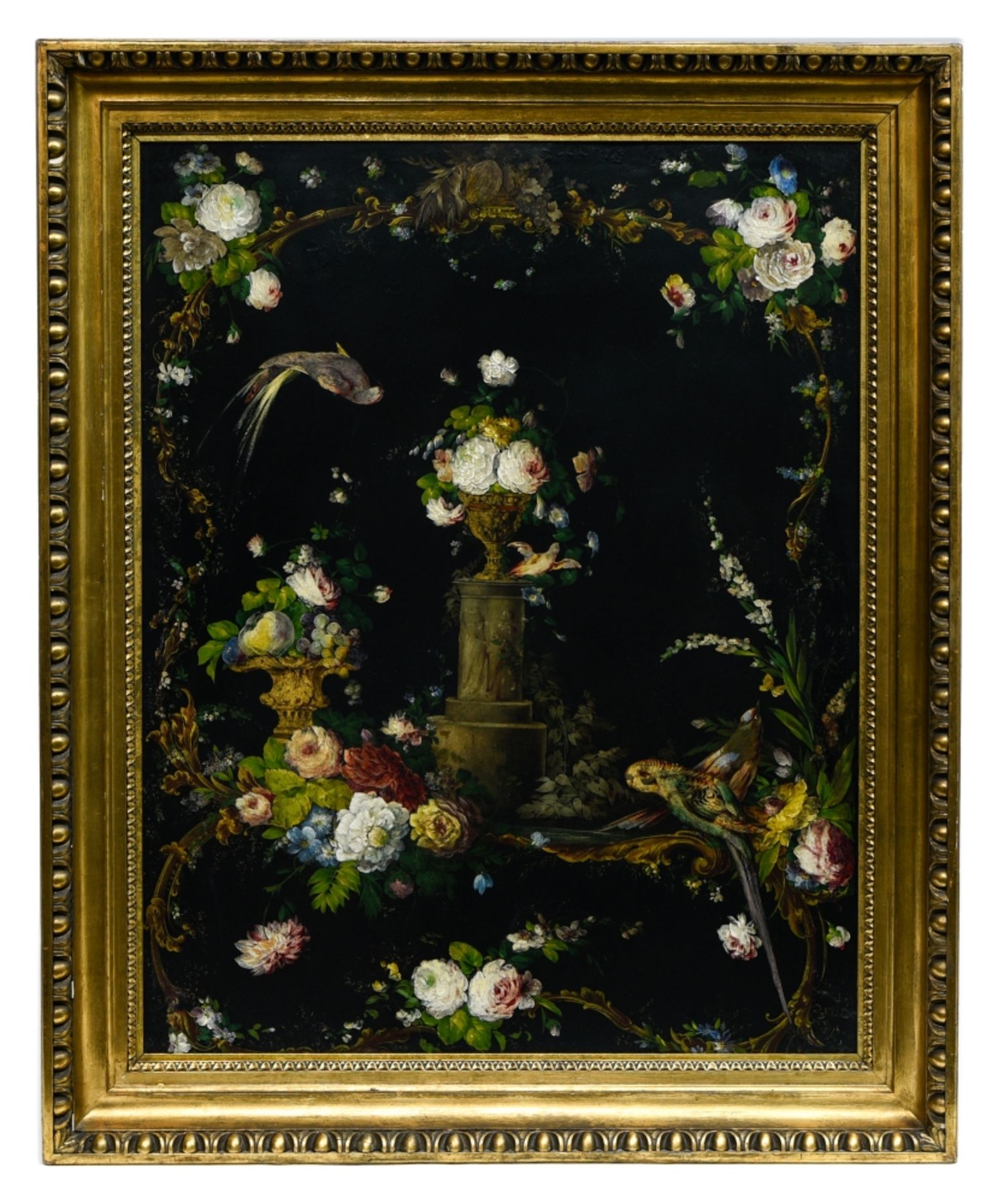 Still-life of flowers and parrots GERMAN OR AUSTRIAN SCHOOL Oil on copper framed H : 98 cm Width : - Image 2 of 2