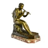 Gustavo OBIOLS DELGADO (1858-1910) Aulos player bronze sculpture with brown and silver patinas, pink