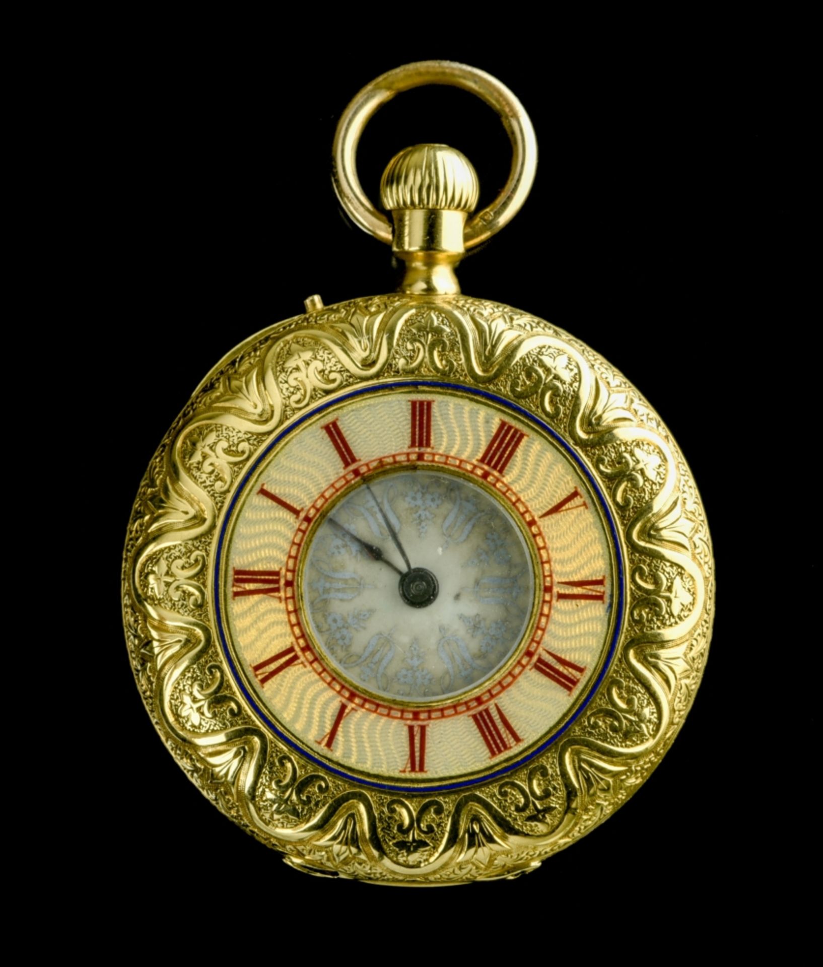 Yellow gold fob watch LATE 19TH CENTURY 18 kt yellow gold fob watch. "Half hunter" casing covered in