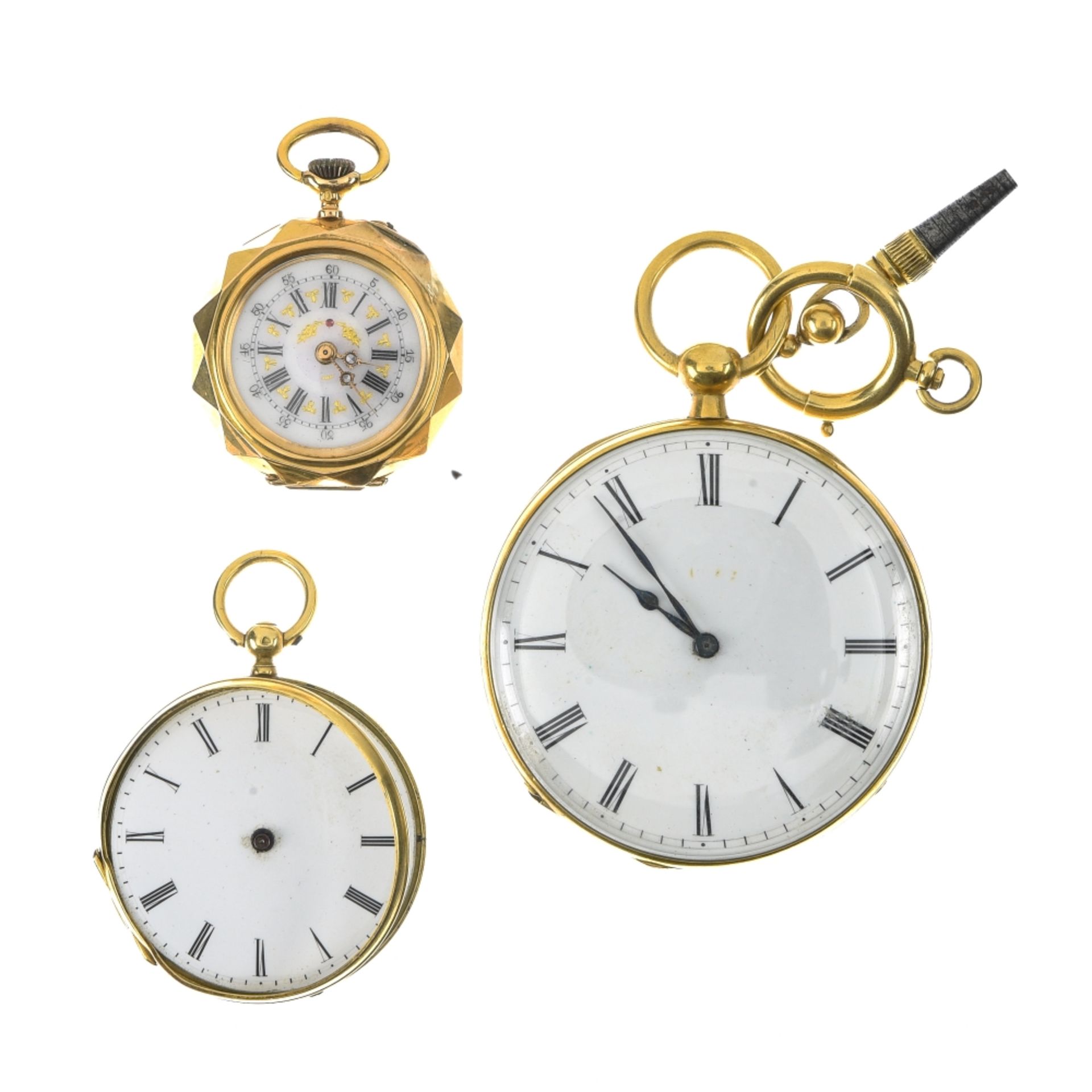 Lot of 3 fob watches 1. 18k gold fob watch Porcelain dial with Roman numerals and external rail