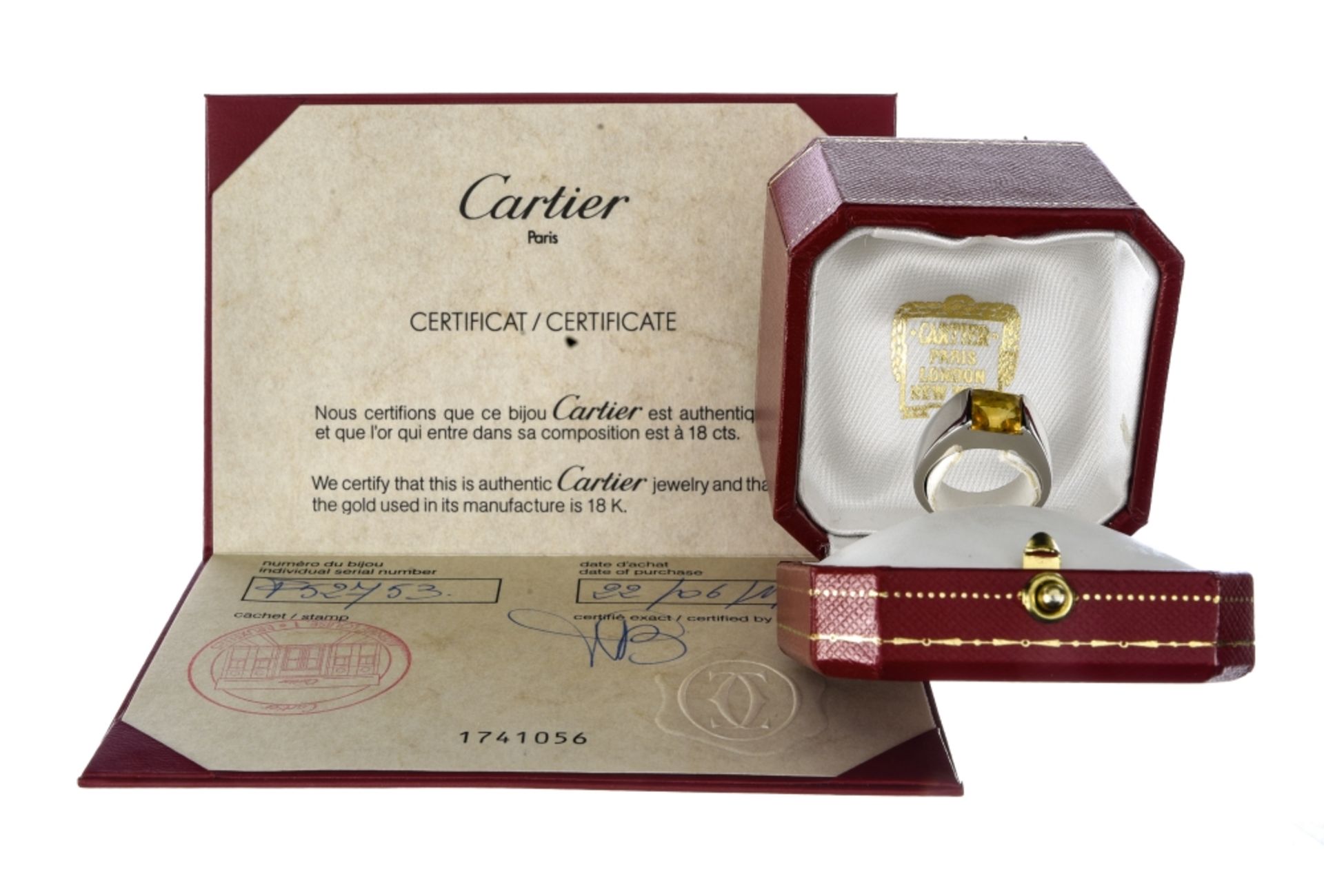 Cartier "Tank" citrine ring 18 kt white gold set with a citrine cabochon. Numbered and signed,