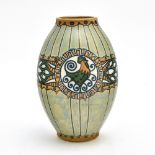 KERAMIS "Rooster medallion" vase (D635) Sandstone vase with polychrome dŽcor. Signed 'Keramis' under