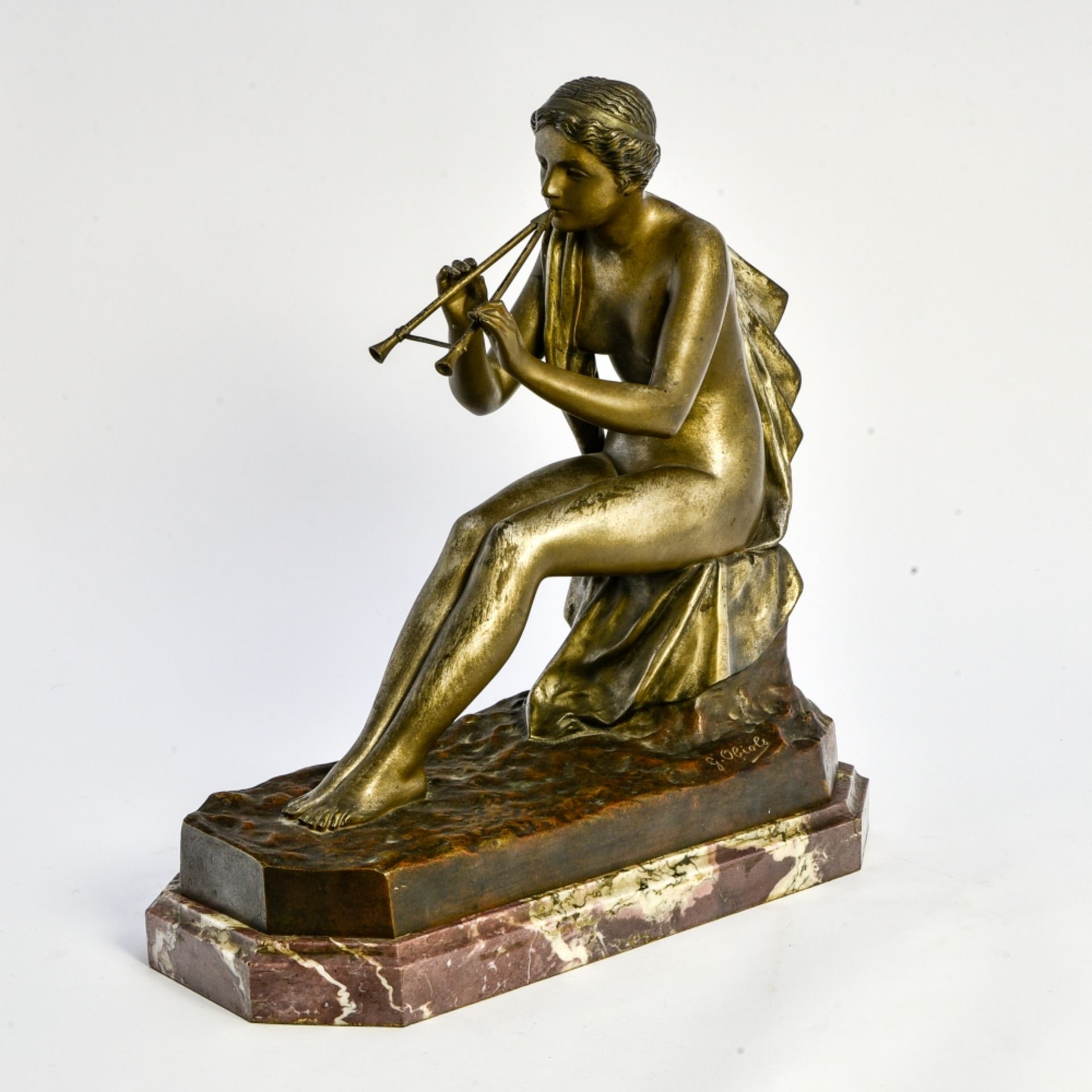 Gustavo OBIOLS DELGADO (1858-1910) Aulos player bronze sculpture with brown and silver patinas, pink - Image 3 of 4