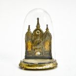 Miniature cathedral clock 19TH CENTURY WORK silver-plated and gilt metal, decorated with St.