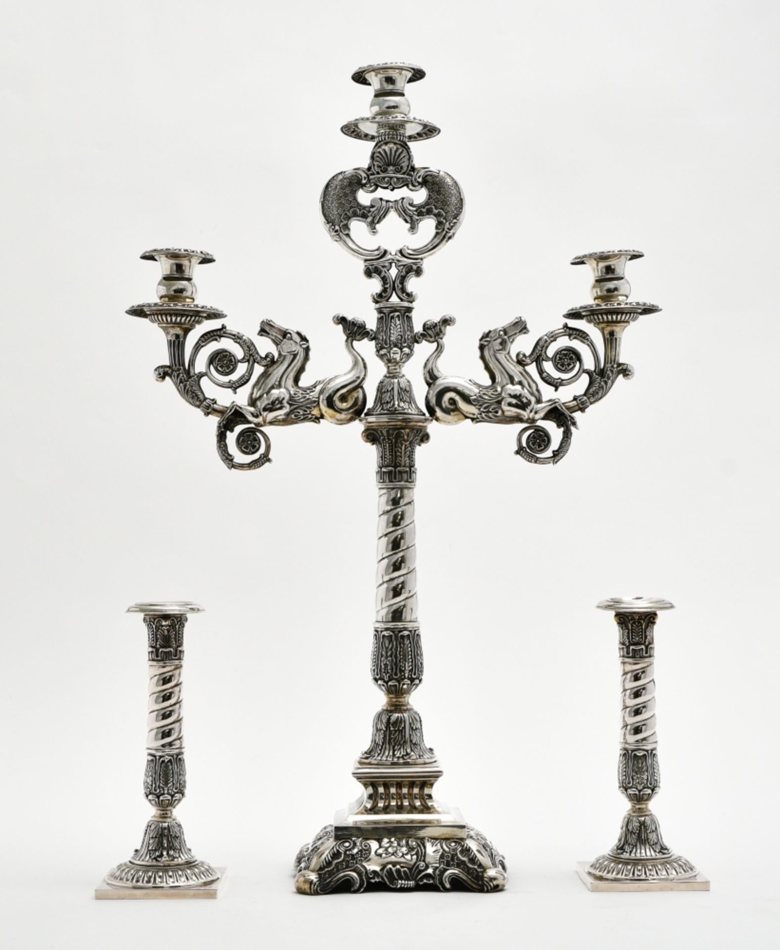 Very large candelabra with its two candlesticks BERLIN, MID-20TH CENTURY silver, decorated with