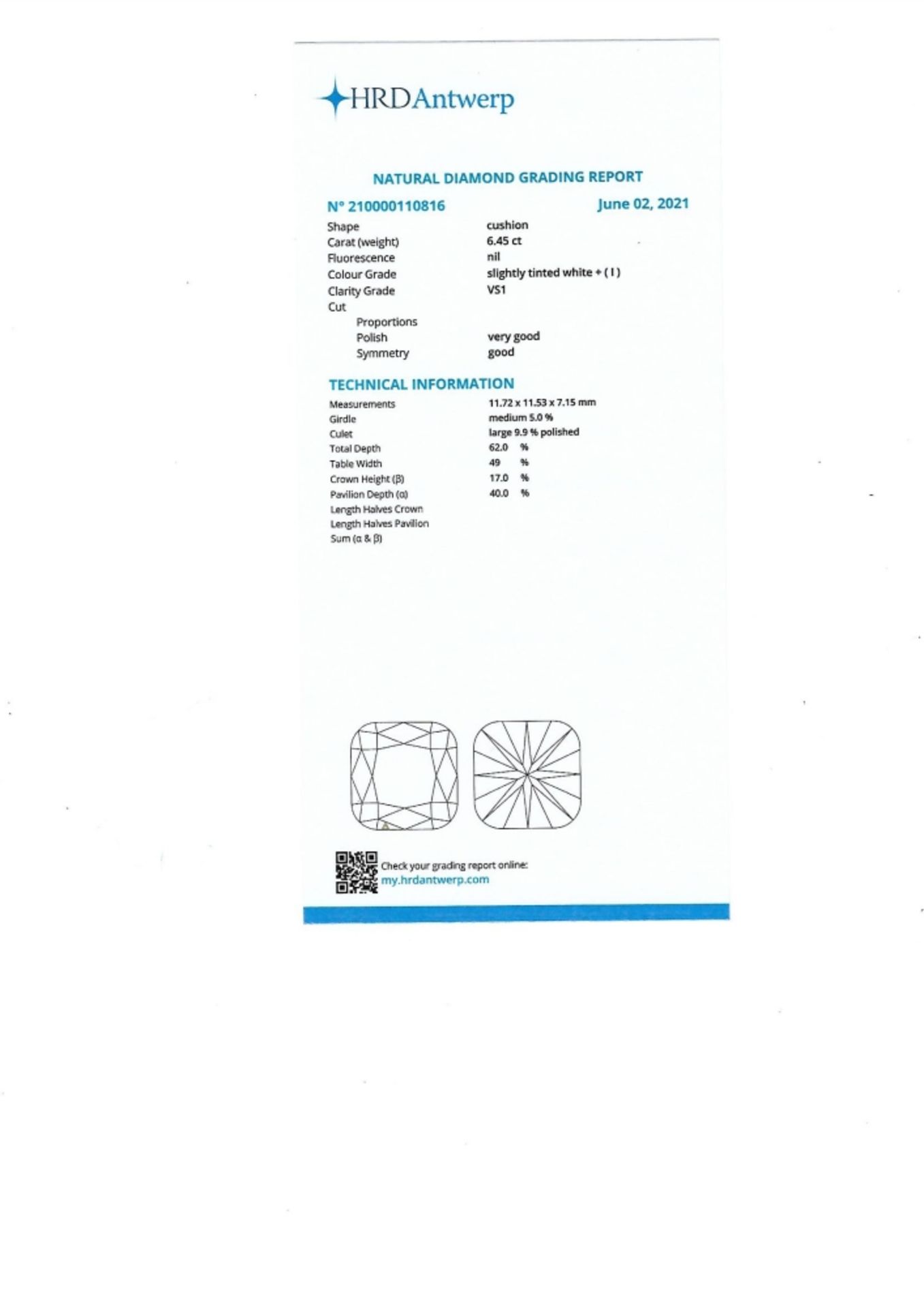 Large cushion-cut diamond 6.45 ct weight, VS1 clarity and colour I, no fluorescence. Polished culet. - Image 5 of 5