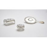 Toiletry set FRENCH WORK composed of two ointment boxes, a hand mirror (with the glass missing),